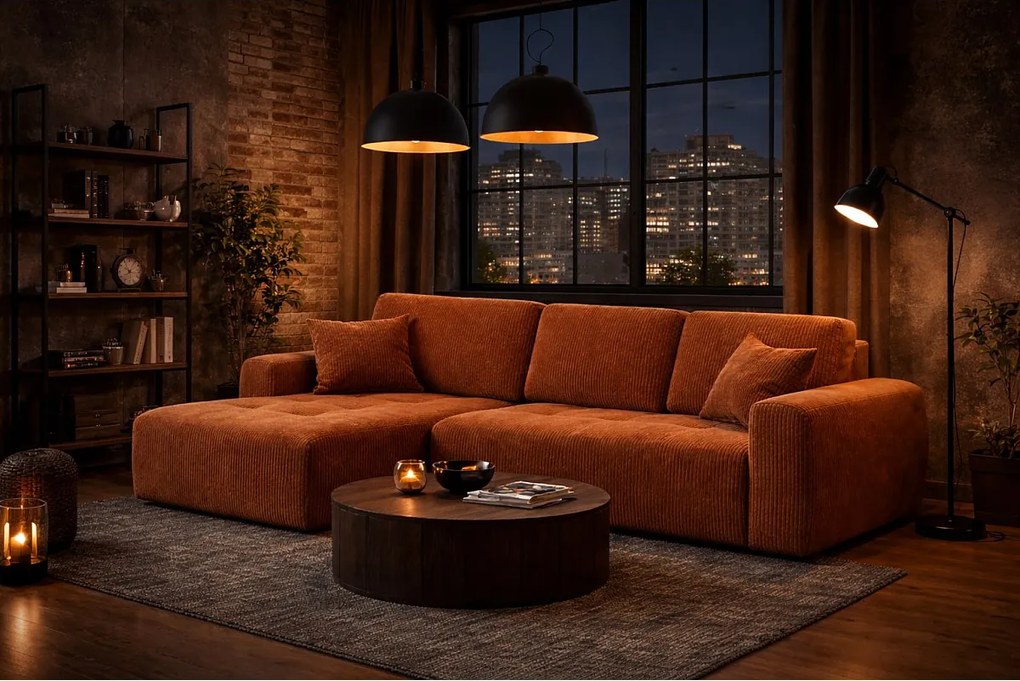 Narożnik w kształcie L z funkcją spania i pojemnikiem Ivo L, tkanina sztruksowa Poso, Miedziany, Lewy