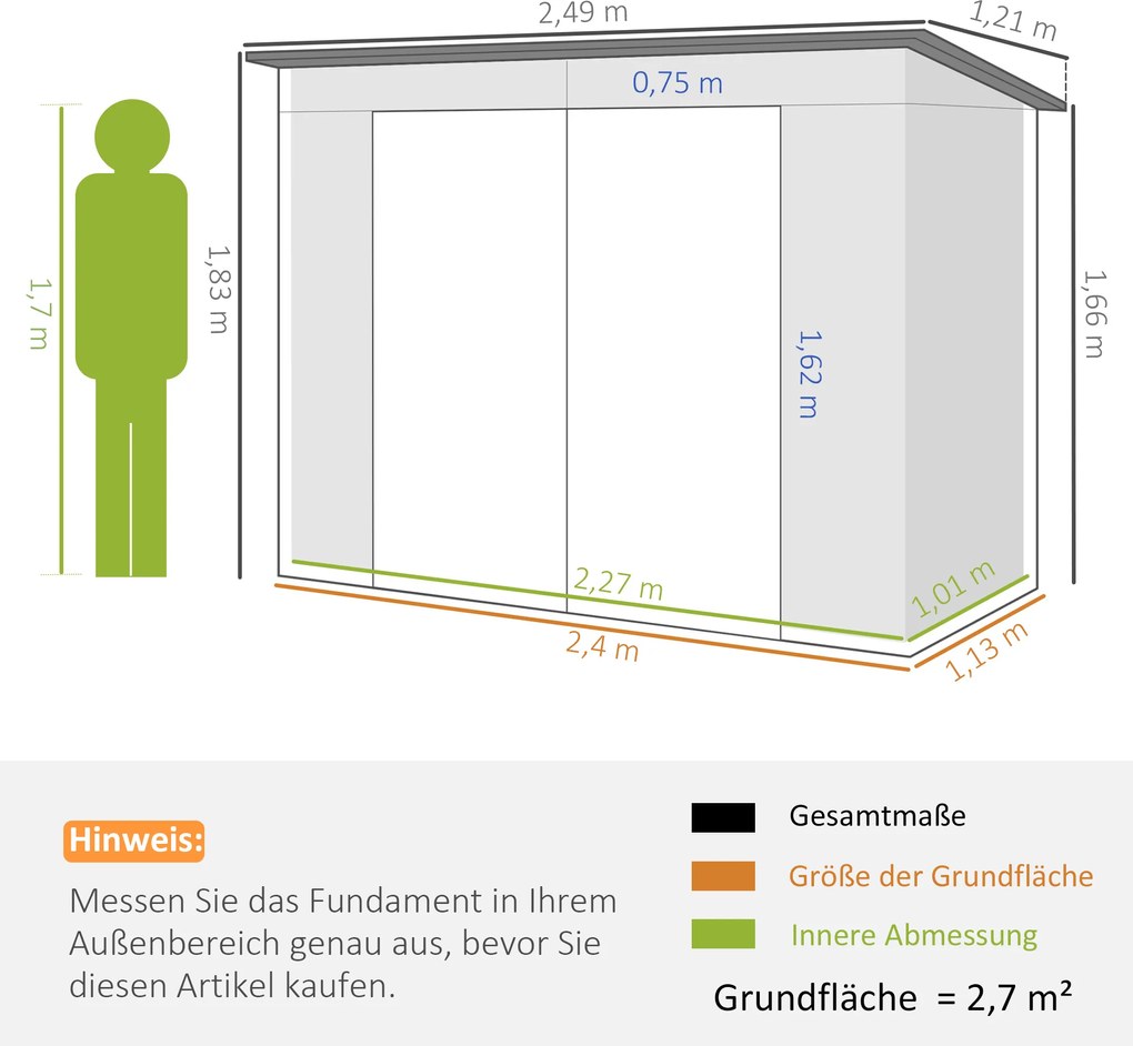 Outsunny Metalowy domek ogrodowy, domek na narzędzia, podwójne drzwi, 249 x 121 x 166/183cm, jasnoszary | Aosom PL