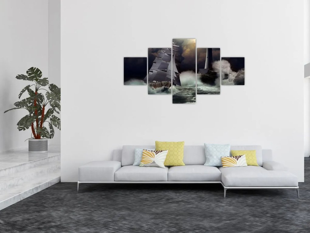 Obraz - Statek płynący przez wzburzone fale (125x70 cm)