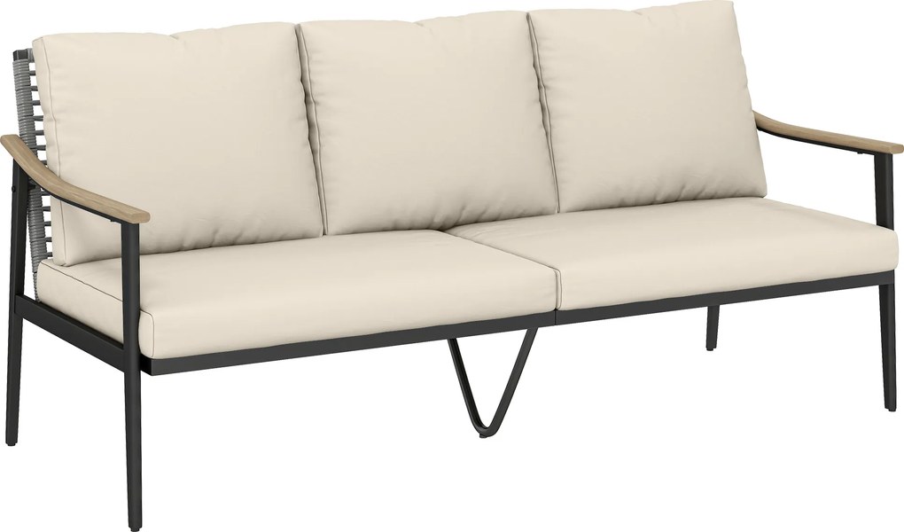 Outsunny Trzyosobowa sofa ogrodowa z rattanu z wyjmowanymi poduszkami, podłokietnikami w kolorze drewna, stalową ramą, khaki | Aosom PL