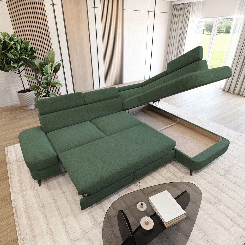 Masseno Narożnik AVISE z funkcją spania i pojemnikiem na pościel Narozniki L, Rozkładana sofa - Zielony, QUELLE 37