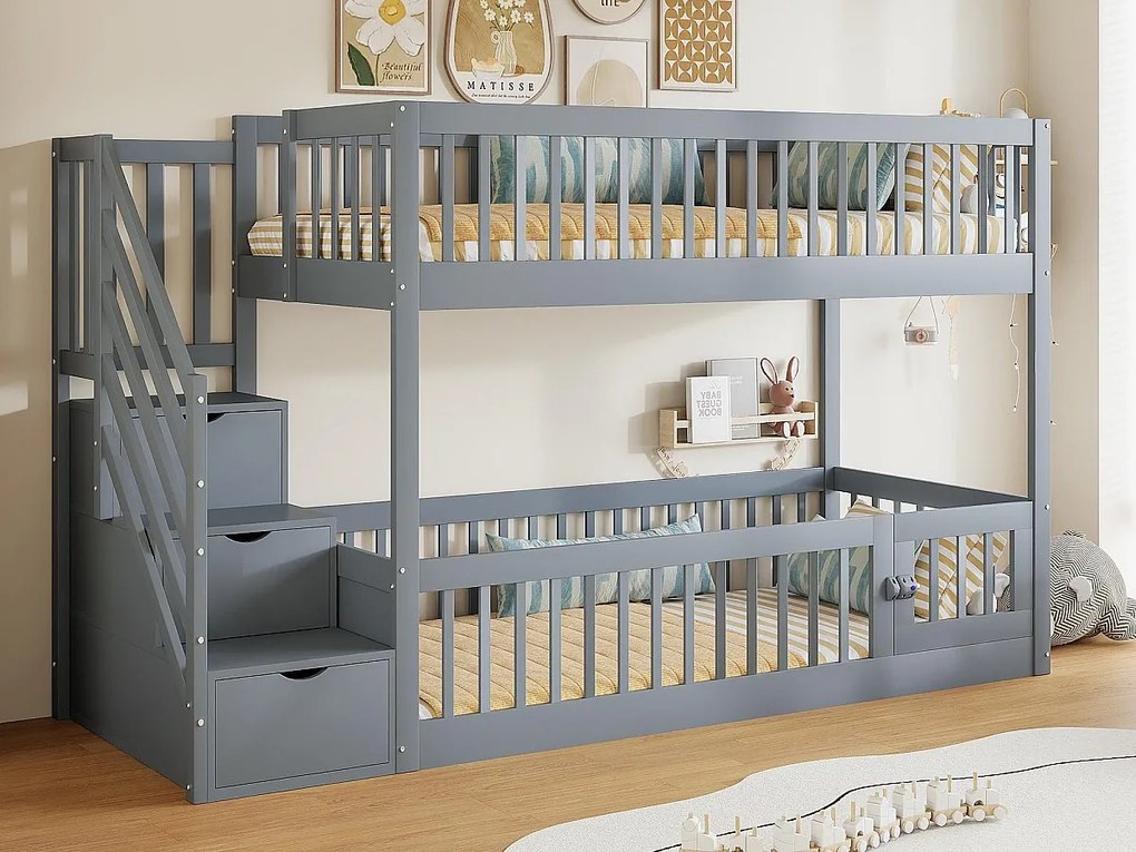 Łóżko piętrowe 90×200 cm - z drabiną bezpieczeństwa - z 3 szufladami - szare (materac nie jest zawarty)
