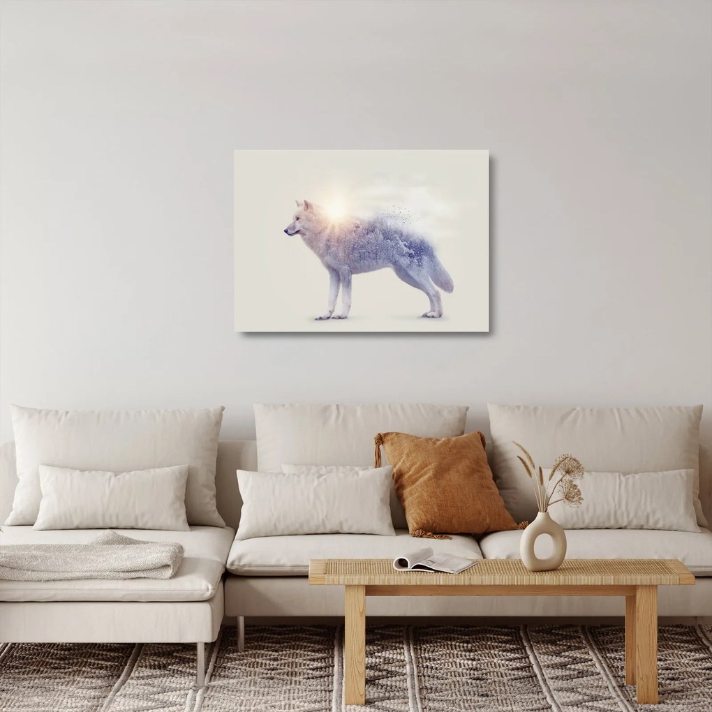 Obraz na szkle - Wilk arktyczny odzwierciedla dziki krajobraz (70x50 cm)