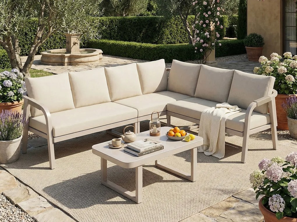 Salon Ogrodowy Narożny 6 Osób - Kanapa w Kształcie L z Wykończeniem z Plecionego Sznurka - Stolik Kawowy ze Szkła Hartowanego - Wytrzymała Stal Ocynkowana - Beżowy