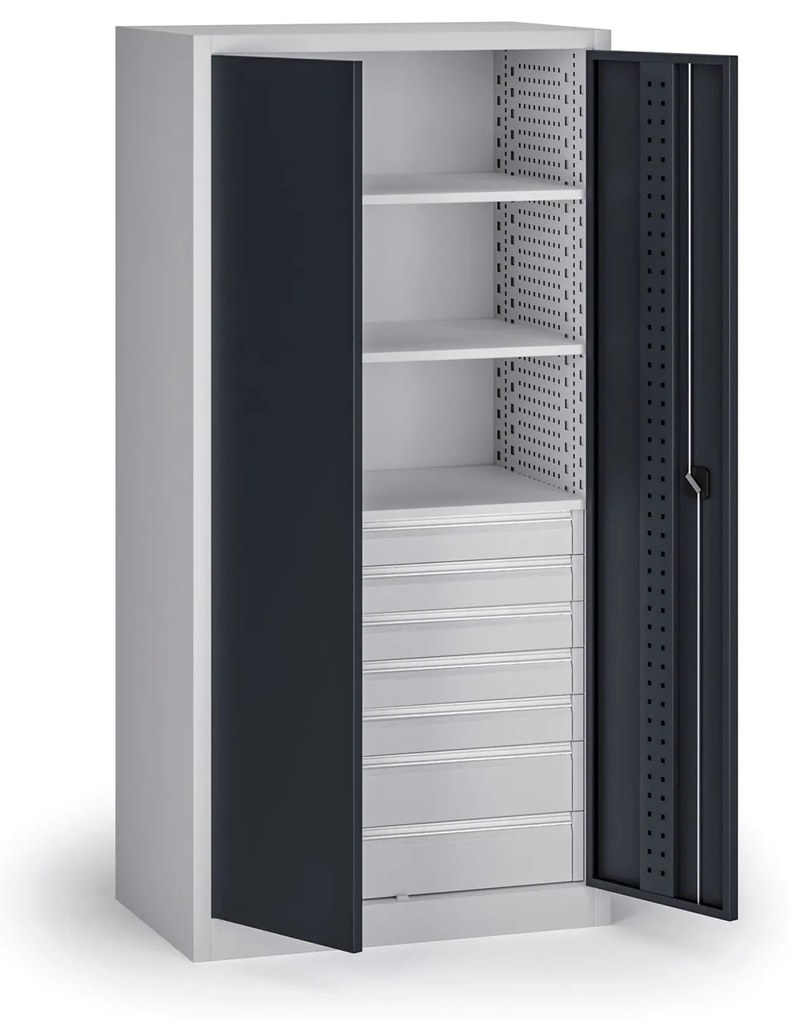 Szafa warsztatowa na narzędzia KOVOS, 3 półki, 7 szuflad, perforowana, 950 x 600 x 1950 mm, grafitowy