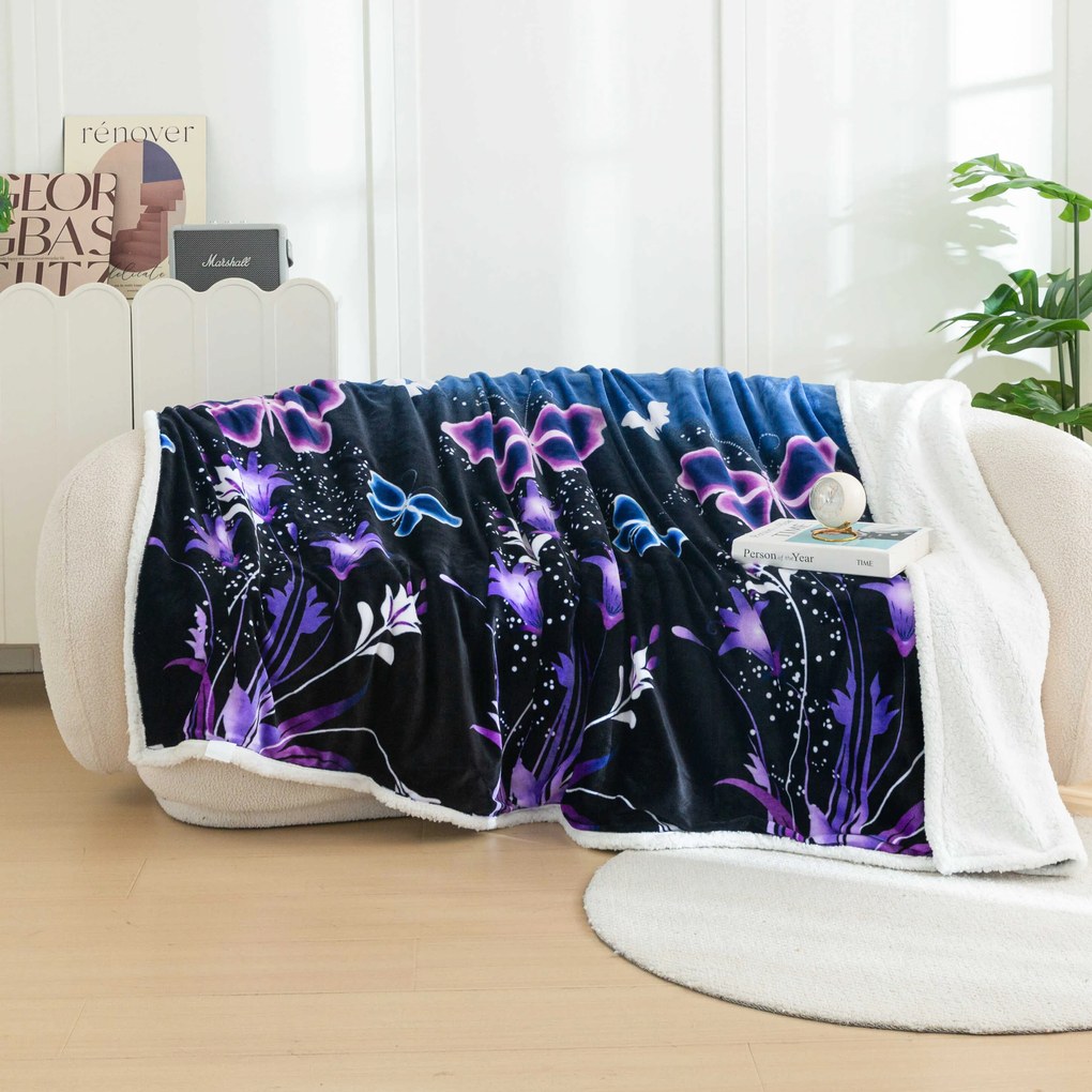 Koc z mikropluszu VIOLET BUTTERFLY ciemnoniebieski Rozmiar: 200 x 220 cm