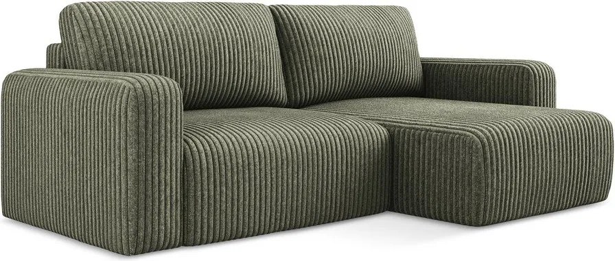 Zielony sztruksowy rozkładany/ze schowkiem narożnik (prawostronny/z szezlongiem) Kona – Makamii