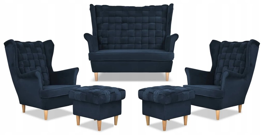 Zestaw wypoczynkowy Carol sofa fotele pufy paski Family Meble granatowy