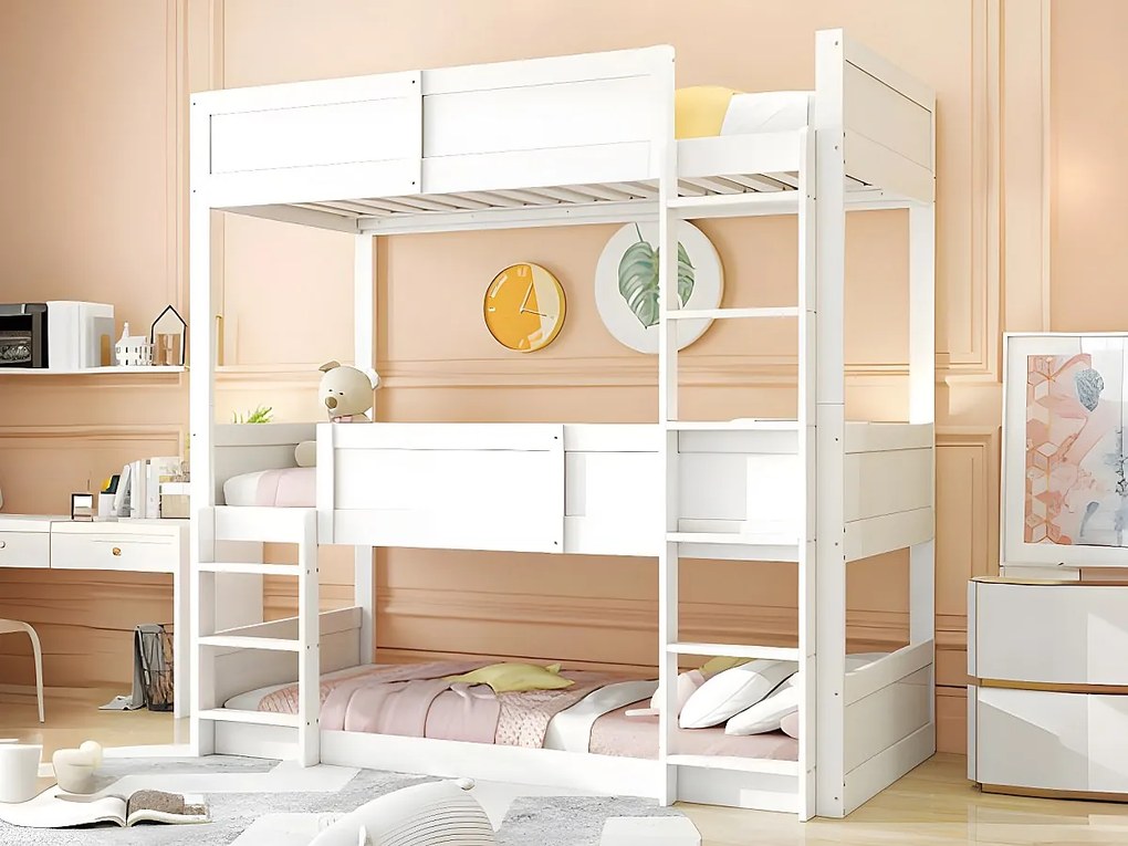 Łóżko piętrowe 3x90x200 cm z litego drewna - z 2 stelażami na listwy - Białe
