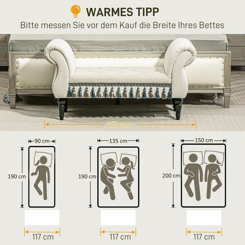 HOMCOM Ławka tapicerowana, vintage design, do 150 kg, 117x40x58 cm, Beżowa