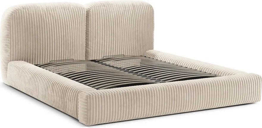 Beżowe tapicerowane łóżko dwuosobowe ze schowkiem i stelażem 180x200 cm Martina – Micadoni