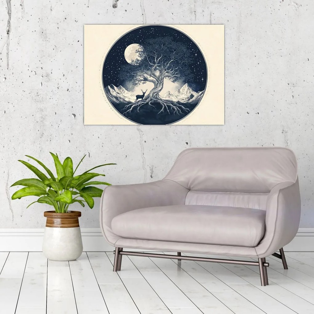 Obraz na szkle – Magiczne drzewo z jeleniem I. (70x50 cm)