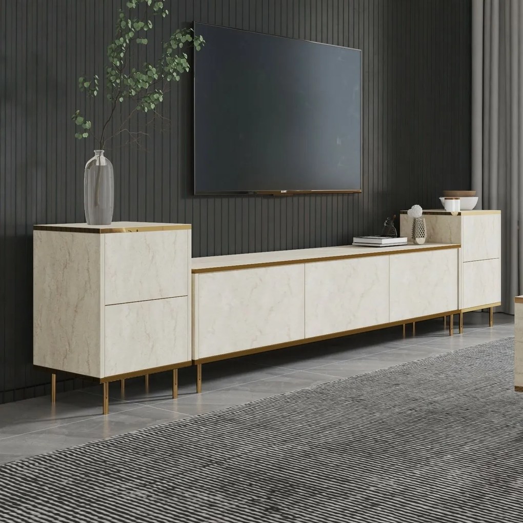 Stolik pod telewizor z szafkami Imej Travertine and Gold