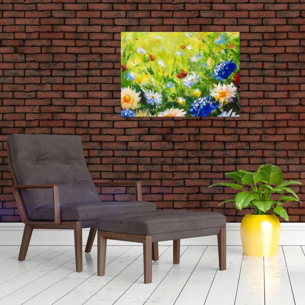 Obraz na szkle kwitnącej łąki, obraz olejny (70x50 cm)