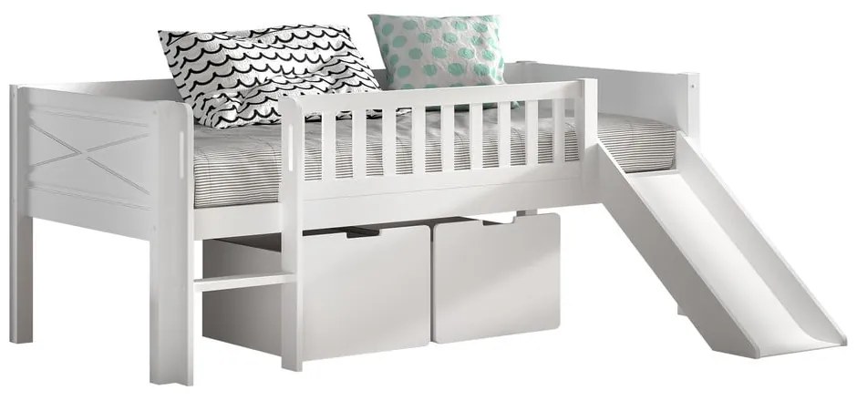 Białe podwyższone łóżko dziecięce z litego drewna sosnowego ze schowkiem i stelażem 90x200 cm Scott – Vipack