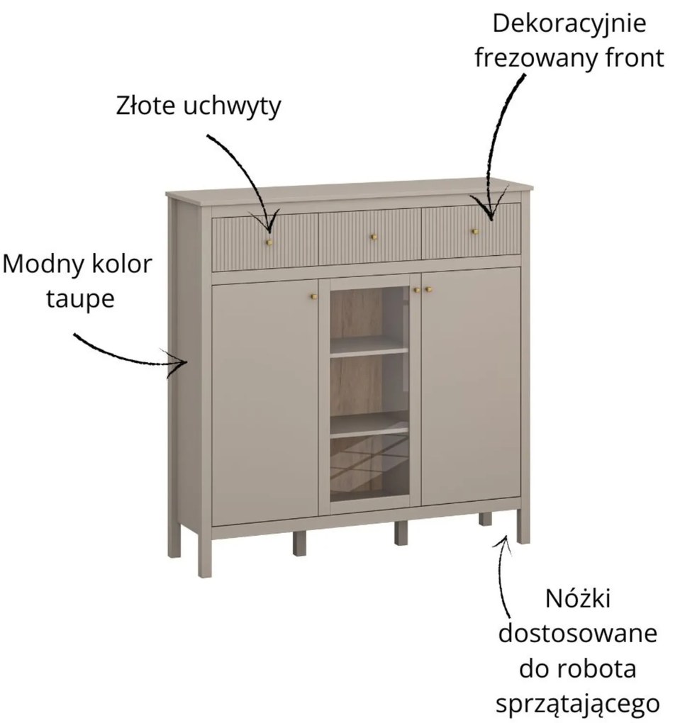 Komoda Przeszklona z Szufladami SELVIO 134 cm Taupe Ryflowana Nowoczesna