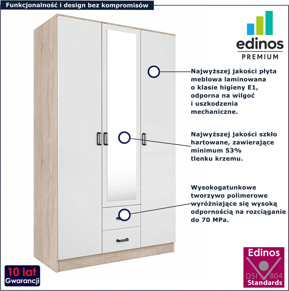 Skandynawska trzydrzwiowa szafa z lustrem dąb sonoma + biały H4-A82
