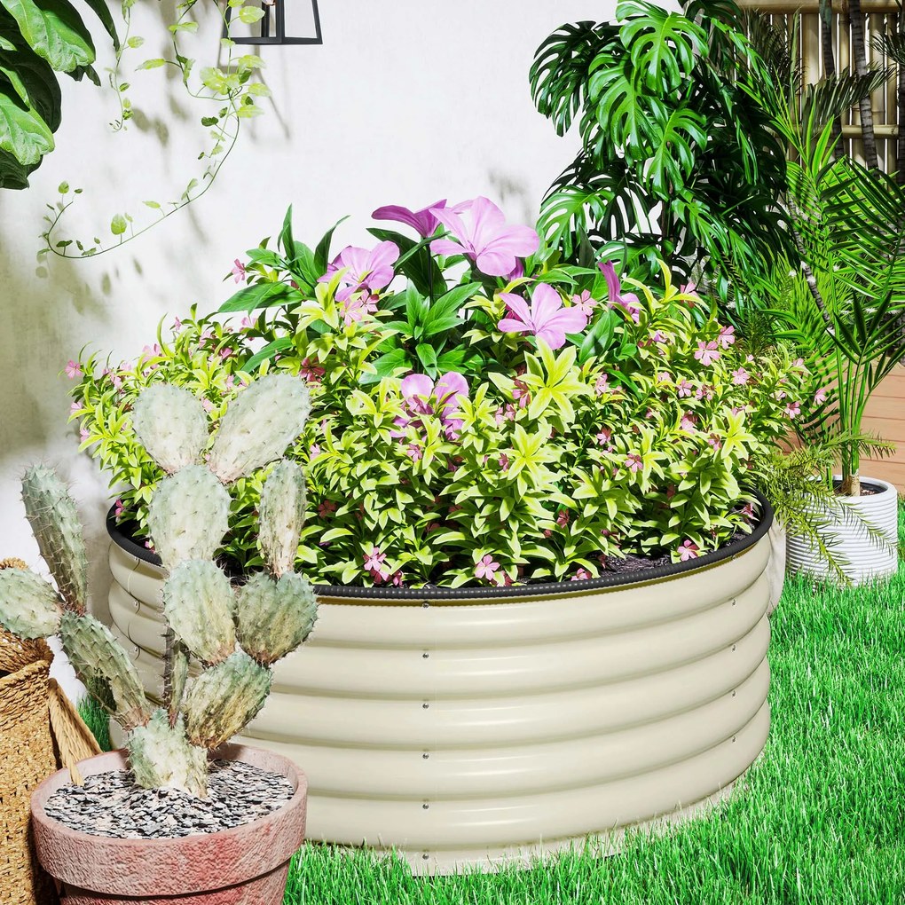 Outsunny Ogrodowe Łóżko Podwyższone, Ocynkowana Skrzynka do Sadzenia z Bezpiecznym Randem, 120 x 120 x 43 cm, Kremowy Biały