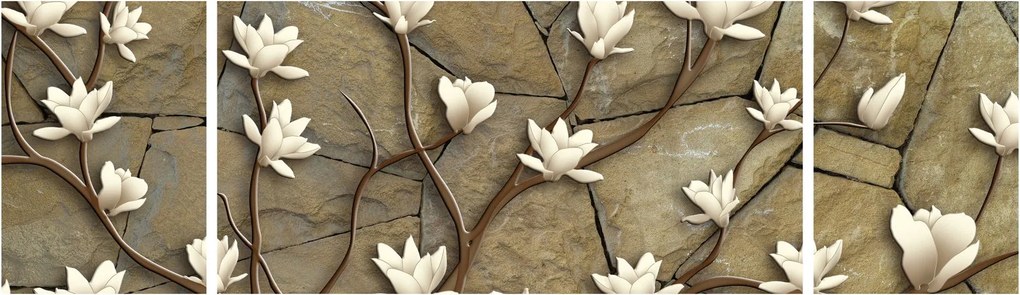Obraz - Białe magnolie na murze kamiennym (170x50 cm)