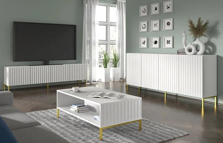 Lamelowa szafka rtv glamour biały mat + złote nóżki C5-E45