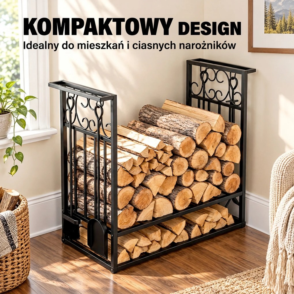 Stojak na drewno kominkowe HOMCOM z akcesoriami, regał na drewno, podstawka na drewno kominkowe, narzędzia kominkowe, Stal Czarny 75 x 30 x 60 cm