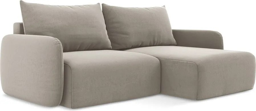 Szarobrązowy aksamitny rozkładany narożnik ze schowkiem (prawostronny/z szezlongiem) Kalena – Makamii