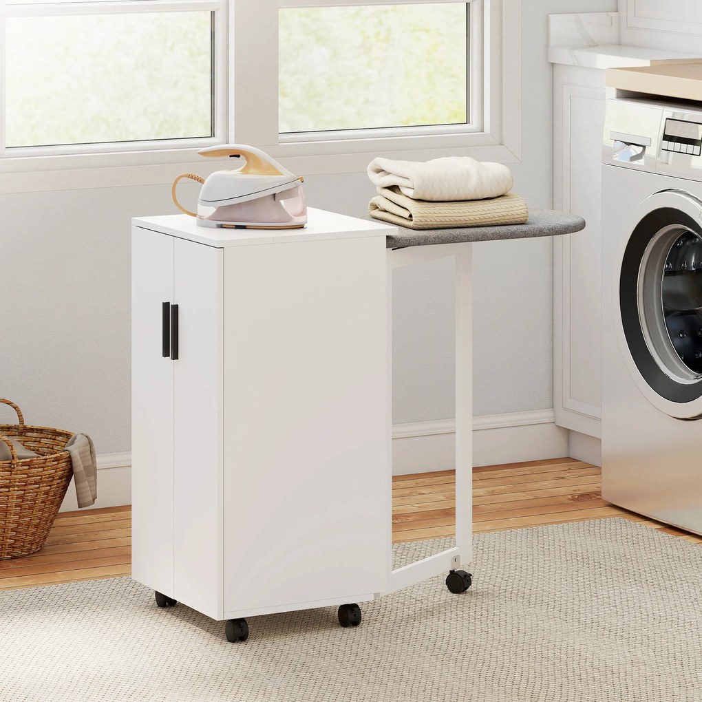 HOMCOM 2-w-1 składana szafka na deskę do prasowania na kółkach z deską do prasowania i regulowaną półką do małych pomieszczeń, Biała | Aosom PL