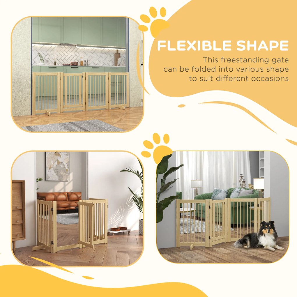 PawHut Wolnostojąca bramka dla psów 4 panele elastyczna drewniana 204x36x75 cm naturalny kolor | Aosom PL