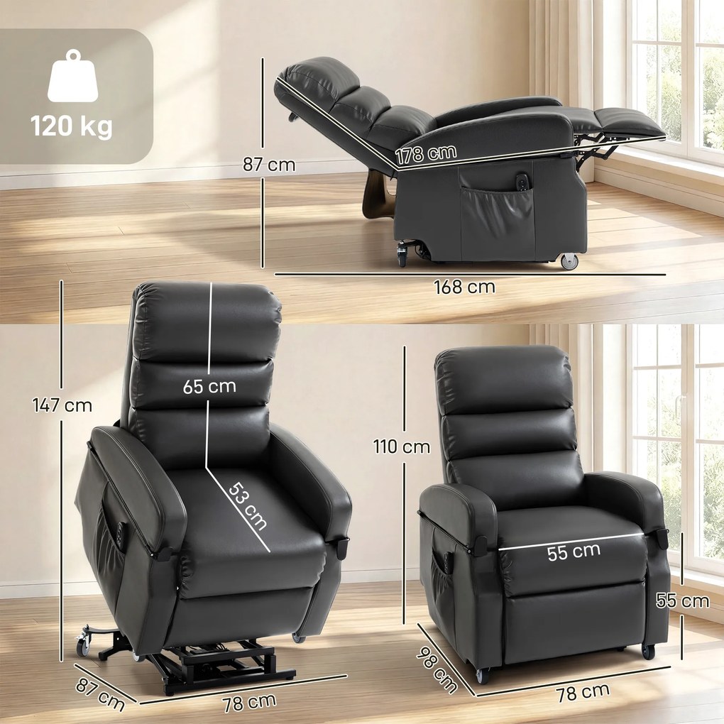 HOMCOM Fotel telewizyjny z funkcją wspomagania wstawania, elektryczny fotel relaksacyjny z pilotem, podnóżkiem, funkcją leżenia, ciemnoszary | Aosom PL
