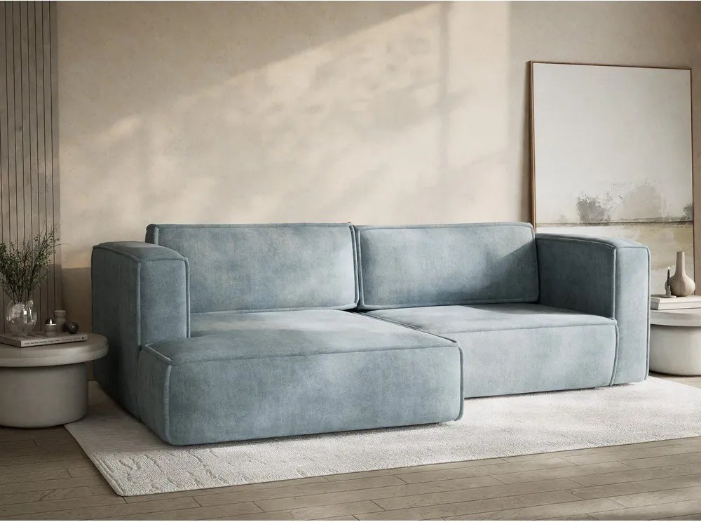 Jasnoniebieski rozkładany narożnik ze schowkiem z tkaniny szenilowej (lewostronny/z szezlongiem) Velto – Maison de Rêve