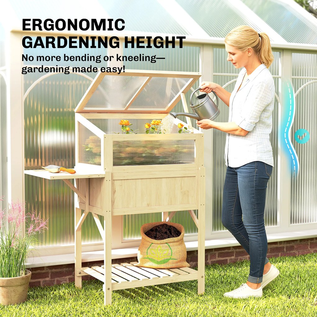 Outsunny Podwyższona grządka z nasadką szklarniową z drewna Skrzynka do sadzenia ze szklarnią składana boczna półka dolna półka Drewno naturalne | Aosom PL