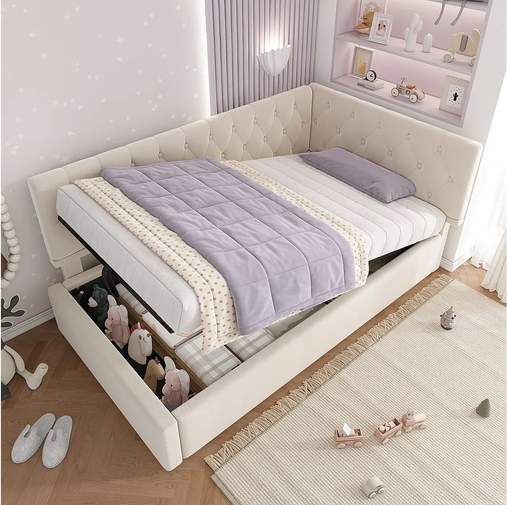 Łóżko 90 x 190 cm z pojemnikiem - Łóżko dziecięce z oparciem i drewnianym stelażem - Beżowy aksamit - Bez materaca