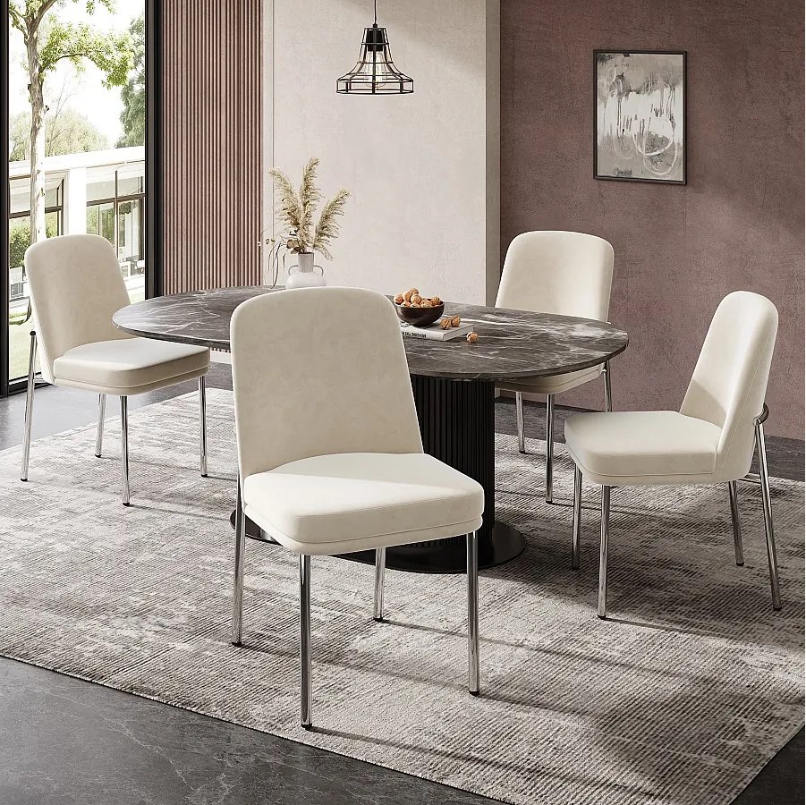 Komplet 4 krzeseł do jadalni - 42,5 x 53 x 82 cm - z grubymi poduszkami na siedziskach i srebrnymi metalowymi nogami - aksamit - beżowy