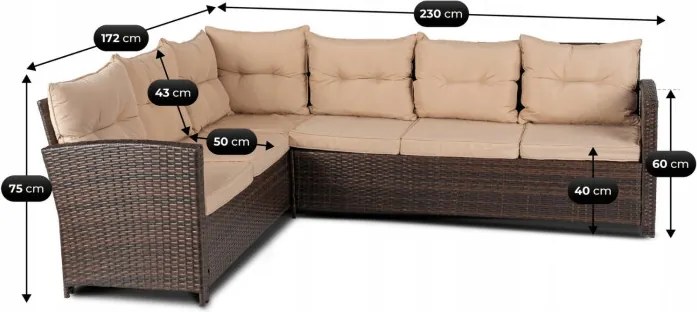Zestaw Mebli Ogrodowych DALLAS Brązowy/Beżowy Narożnik Pufy Stolik Tarasowy Technorattan Nowoczesny