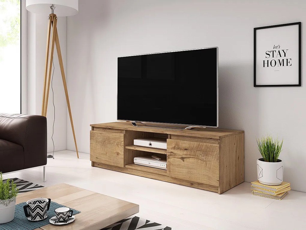 Prosta szafka RTV 120 cm z LED, pod telewizor, 2 szafki i półki, kasztan