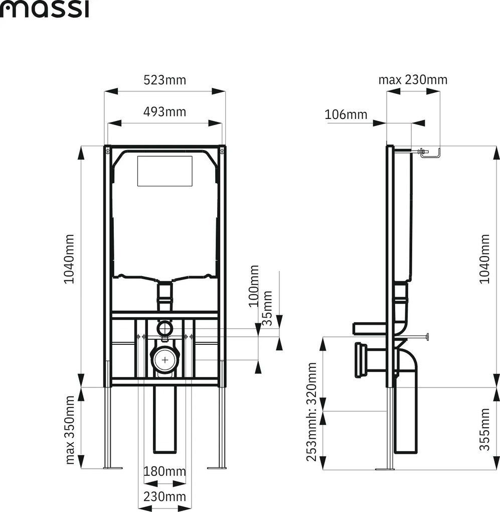Massi Stelaż podtynkowy do miski wiszącej WC LERA rozstaw 180 / 230 mm