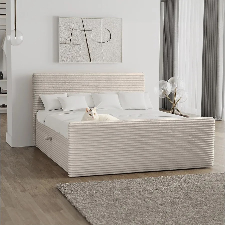 Łóżko kontynentalne z pojemnikiem i topperem TRENTO, pluszowy sztruks VELO, 120x200 cm, Ecru, H3-Bonell