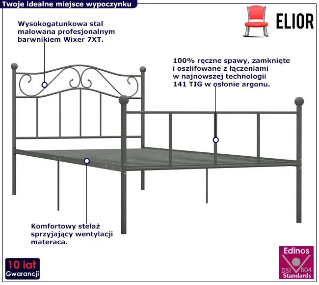 Szare metalowe łóżko 160x200 cm Binta