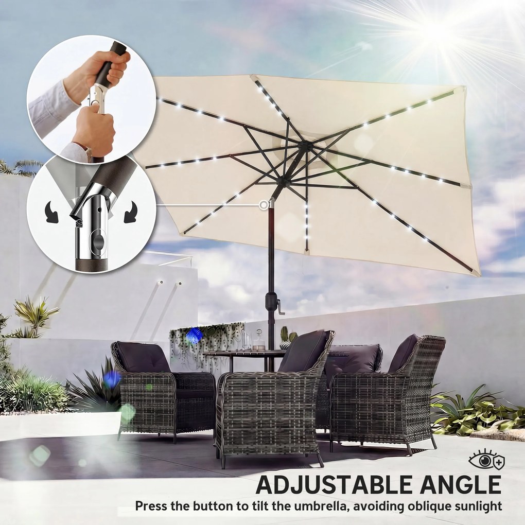 Outsunny Parasol LED Solarny ok. 300 x 200 cm regulowany Parasol Balkonowy z Korbką Pokrowiec UV Ochrona Obracany Kremowy | Aosom PL