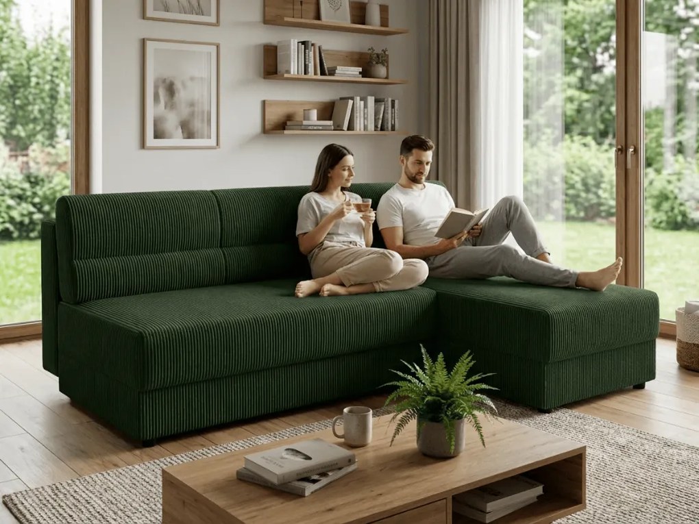 Rozkładana narożna sofa TAVERO SLIM 201x140 cm, ciemnozielona, uniwersalna