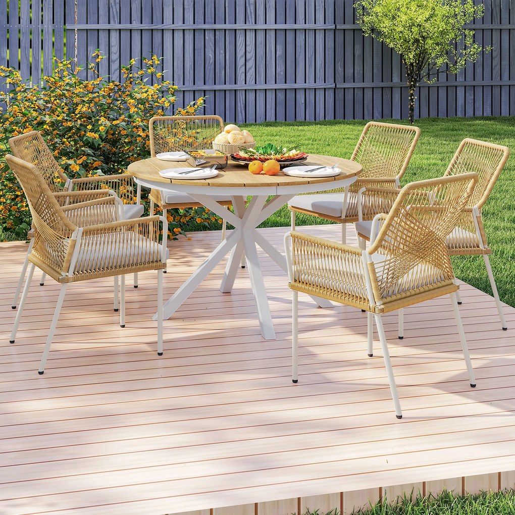 Outsunny Stół Ogrodowy Ø118cm, Wodoodporny Stół Balkonowy z Aluminium, Krzyżujące się nogi z projektem Lamel Teak