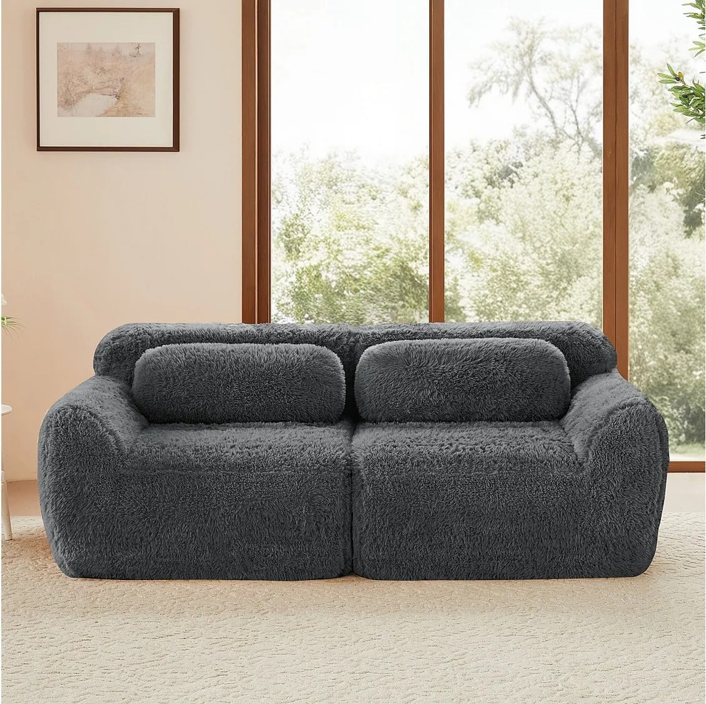 Modułowa Sofa 2-osobowa w tkaninie pluszowej, z 2 poduszkami, siedzenie ekstra głębokie 75cm, 204x104x73cm, Szary