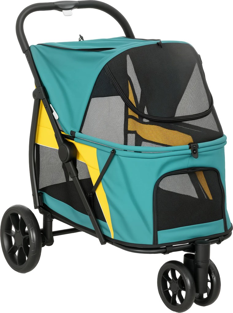 PawHut Składany wózek dla psa do 20 kg z poduszką, oknami z siatki, kieszenią tylną, 92 x 63 x 95 cm, ciemnozielony | Aosom PL