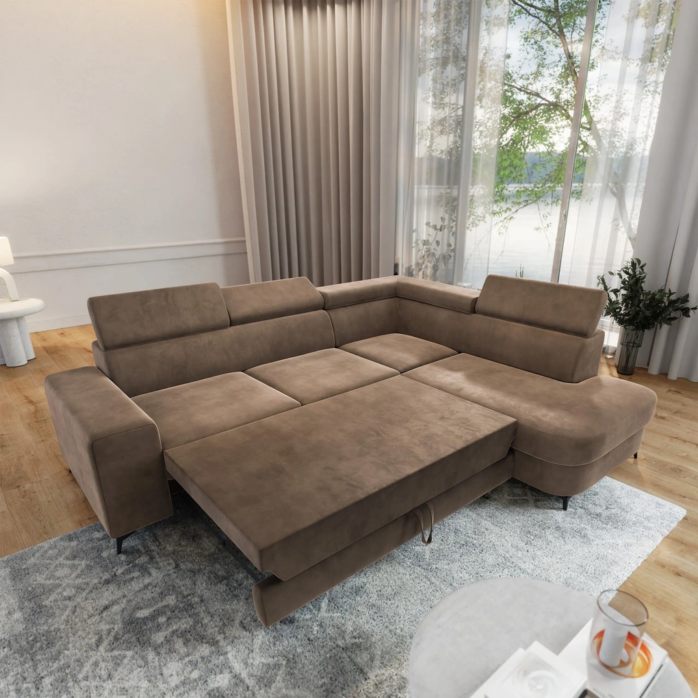 Masseno Narożnik ALVORO z funkcją spania i pojemnikiem na pościel Narozniki L, Rozkładana sofa - Beżowy, MONOLITH 09