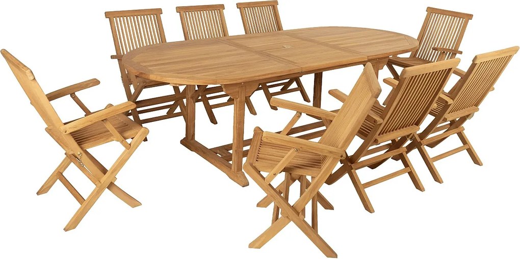 Zestaw mebli ogrodowych z drewna tekowego: rozkładany stół  dł.180 / 240 cm i 8 składanych foteli - Jasny naturalny - BYBLOS II od MYLIA