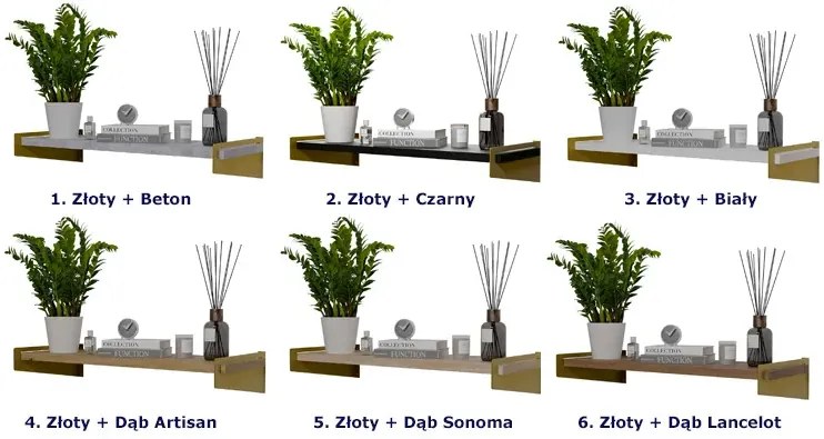 Półka ścienna nad biurko z metalowymi wspornikami złoty + dąb sonoma - Mizu 5X