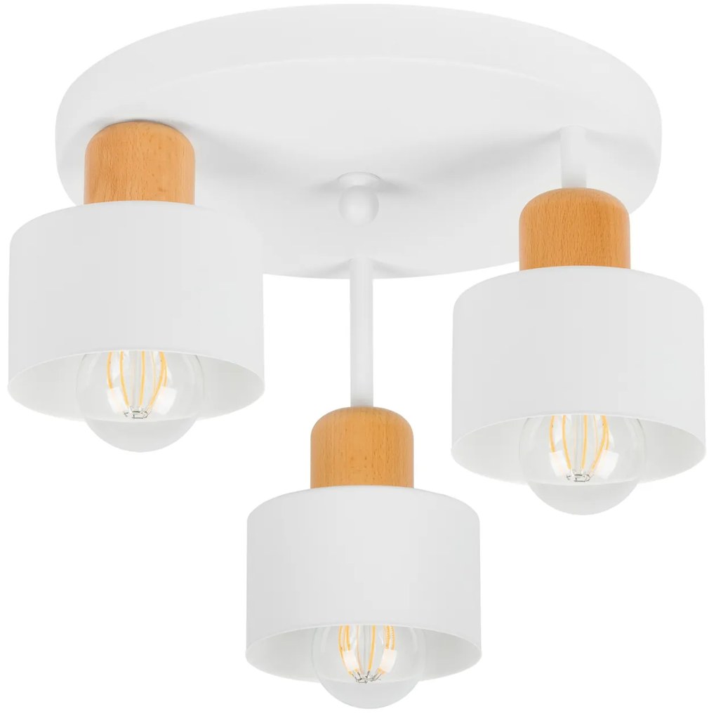 Biała lampa sufitowa, trzypunktowy spot DBU3030WE z drewna i metalu E2