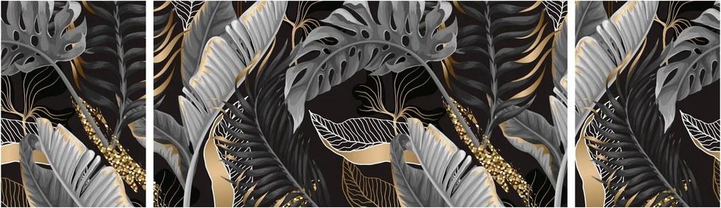 Obraz - Tropikalne liście w kolorze czarno - złotym (170x50 cm)
