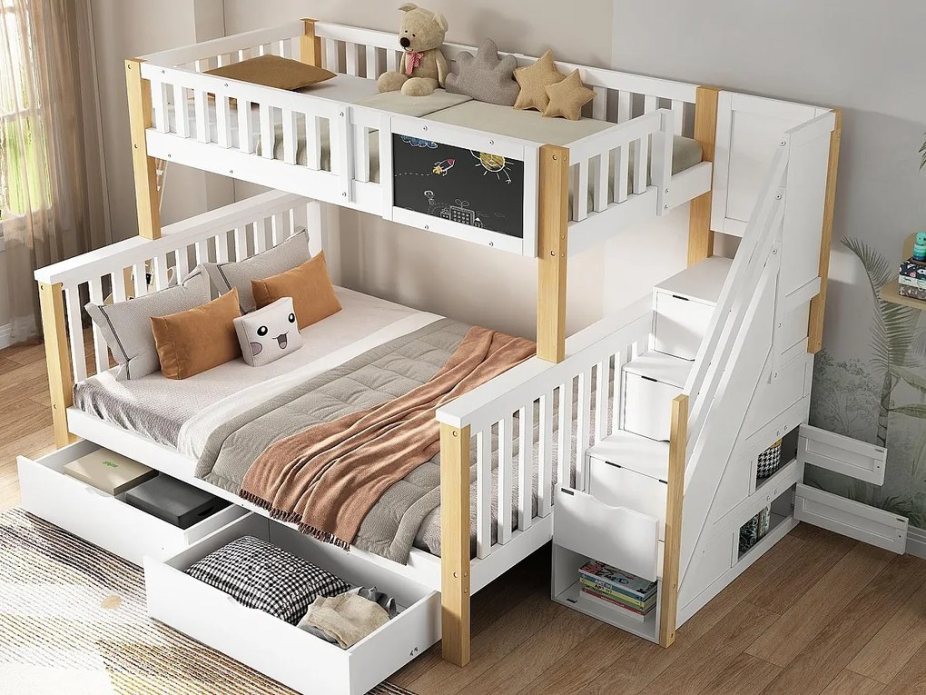 Łóżko piętrowe z litego drewna z szufladami i schodami do przechowywania - 90x200cm + 140x200cm - Białe