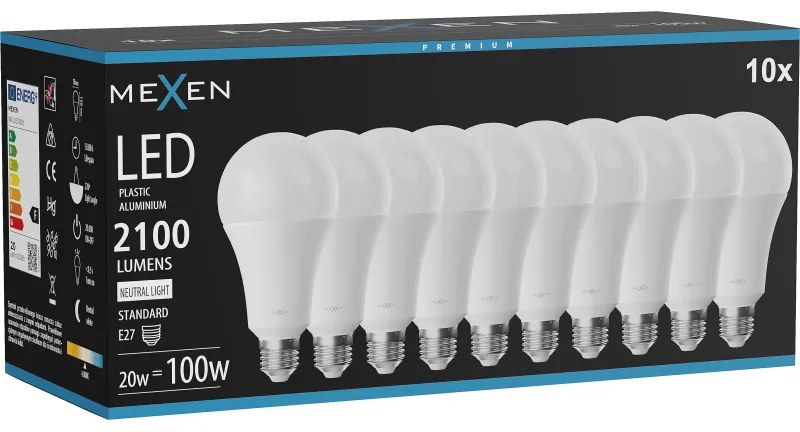 Mexen Nova 10x żarówka LED E27, A70, 20W, Neutralna - 4000K, 2100 lm - L100-E27-2040-01x10